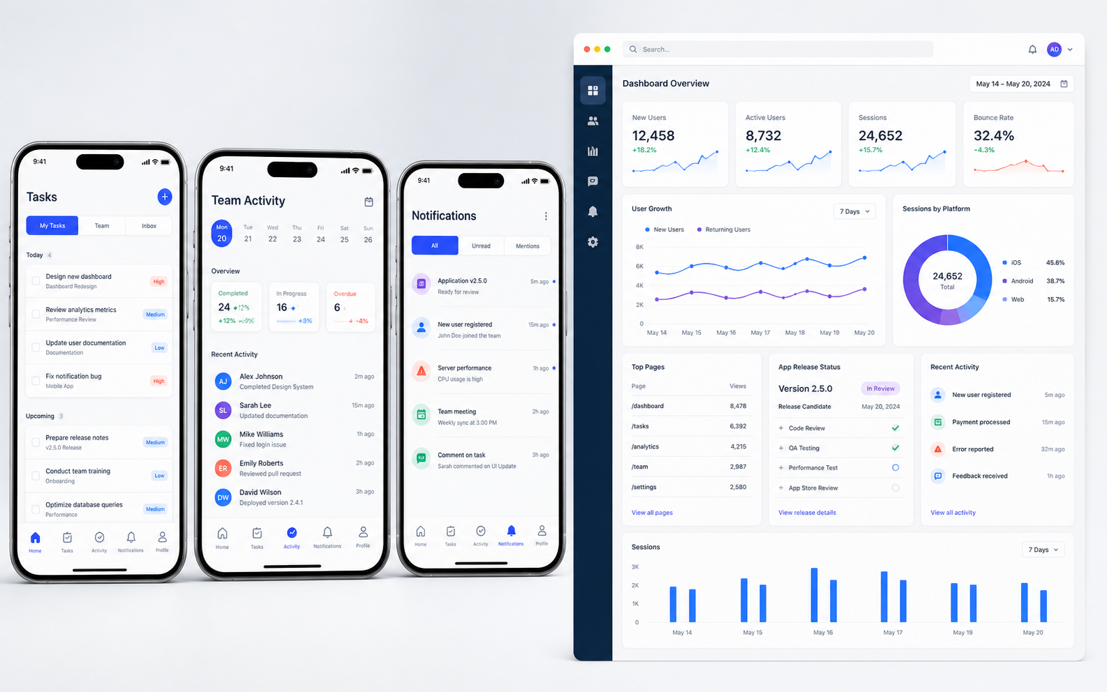 Mobile application screens with an administrative analytics dashboard