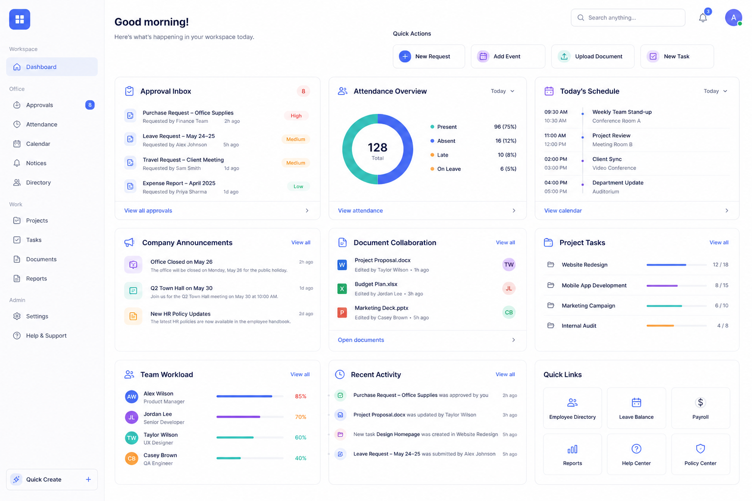 Office automation dashboard for approvals attendance notices and collaboration